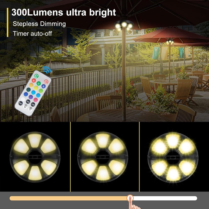 Arixinks 12 Colors Patio Umbrella Light with Remote Control/Cordless Rechargeable or AA Battery Operated Under Umbrella Pole Lights /300Lumens Dimmable/Pole Light for Patio Table Umbrellas Outdoor - Image 4